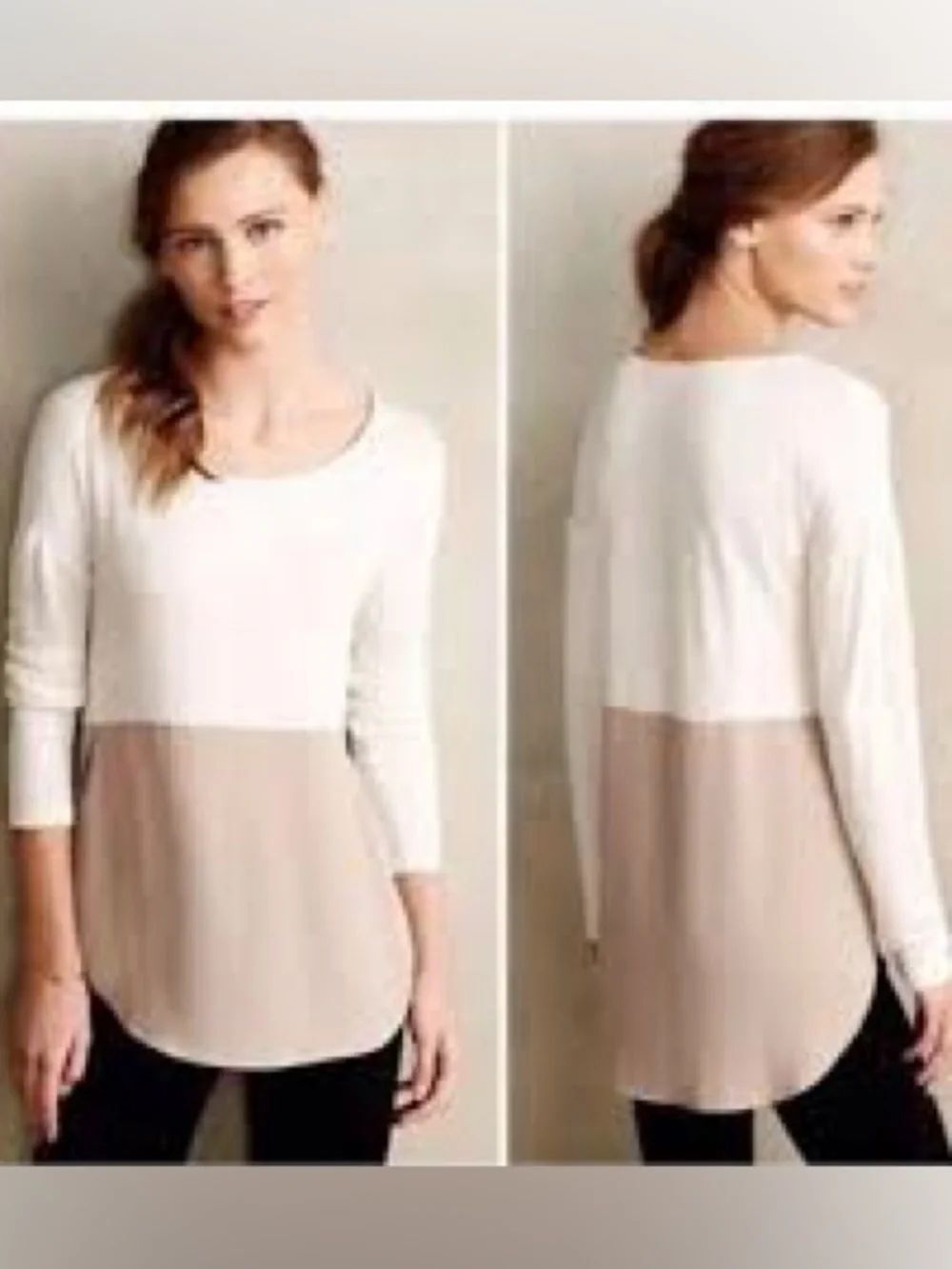 Meadow Rue by Anthropologie ivory and tan colorblock high-low tunic top